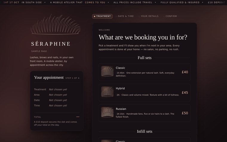 A sample studio booking page, step one of four, listing lash treatments and prices