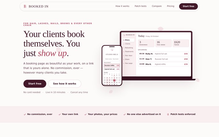 The Booked In marketing site: a laptop dashboard and a phone booking page side by side