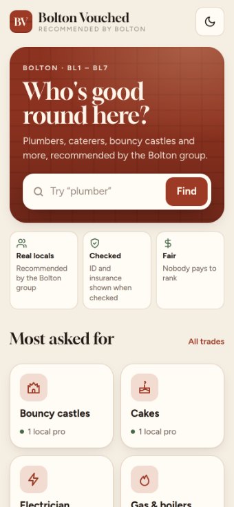 The Bolton Vouched directory home on a phone, with a search box and a grid of trade categories