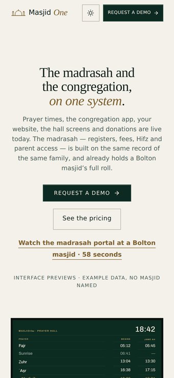 The MasjidOne site on a phone