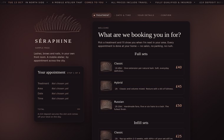A sample studio booking page, step one of four, listing lash treatments and prices