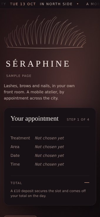 The same sample booking page on a phone, showing treatments and the running appointment summary