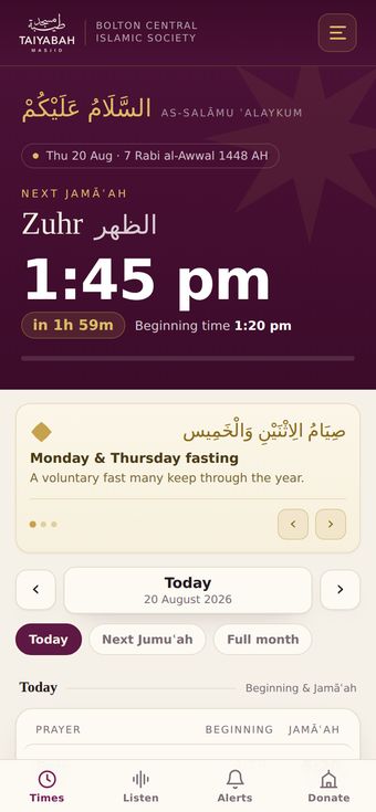 The Taiyabah prayer-times app on a phone