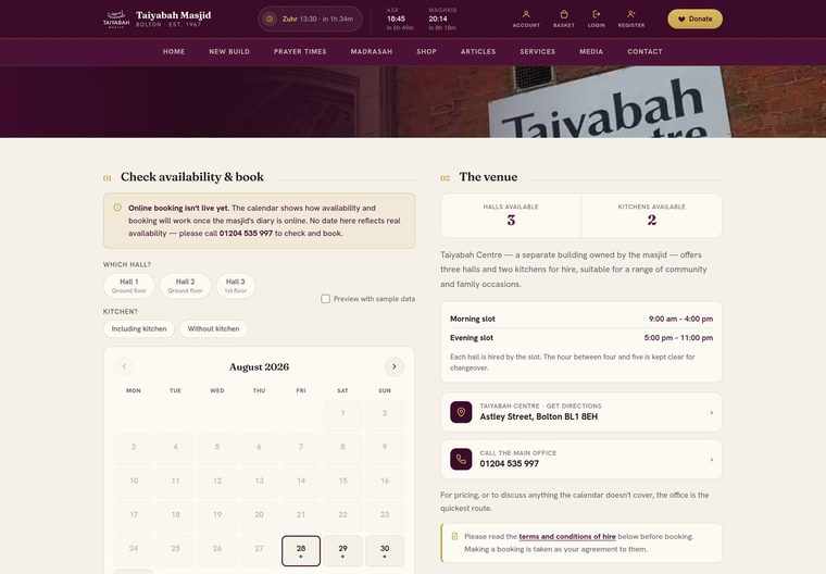 The Taiyabah Centre hall hire page, showing the availability calendar and the venue details