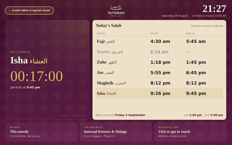 The home smart screen showing the countdown to the next jamā'ah and today's salah times