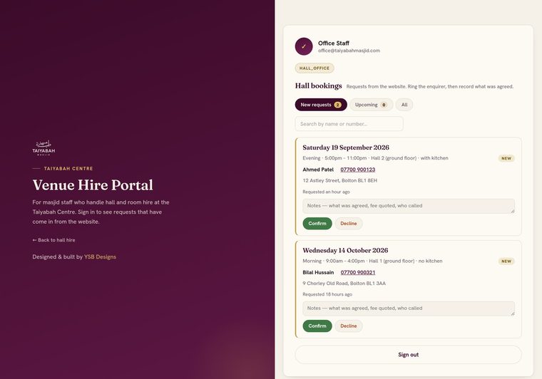 The venue hire portal, showing incoming hall booking requests for staff to confirm or decline